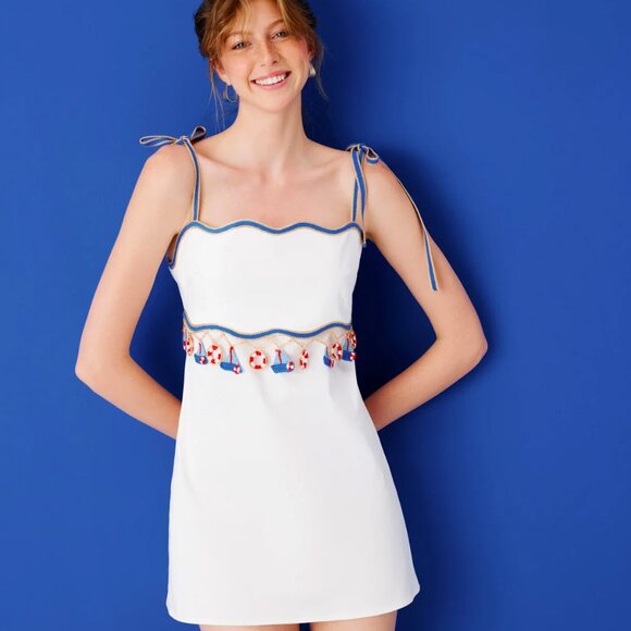 My Beachy Side Muse WHITE NAUTICAL CROCHET SAIL BOAT MINI DRESS LARGE NWT L - Picture 9 of 11